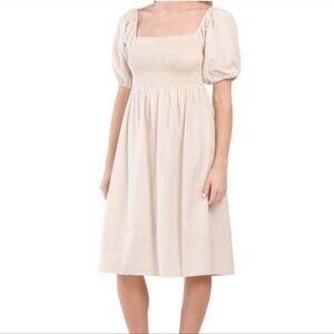 7 For All Mankind Linen Blend Smocked Puff Sleeve Midi Dress Size M